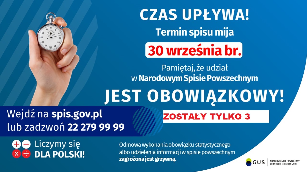 Termin spisu mija 30 września. Udział w spisie jest obowiązkowy. Wejdź na spis.gov.pl lub zadzwoń 22 279 99 99